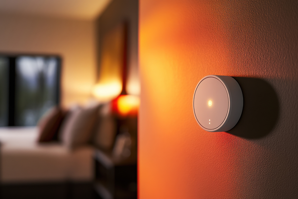 Smart carbon monoxide detector on wall, modern look, ambient lighting, 85mm prime lens with f/1.8, negative space above --ar 3:2 --style raw --v 6.1 Job ID: a77f1a50-09c0-4b14-8b80-a51c4635bee2