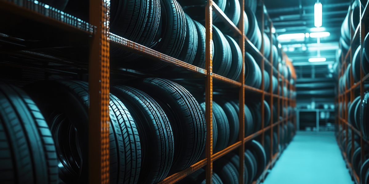 A rack filled with tires stored in a warehouse.