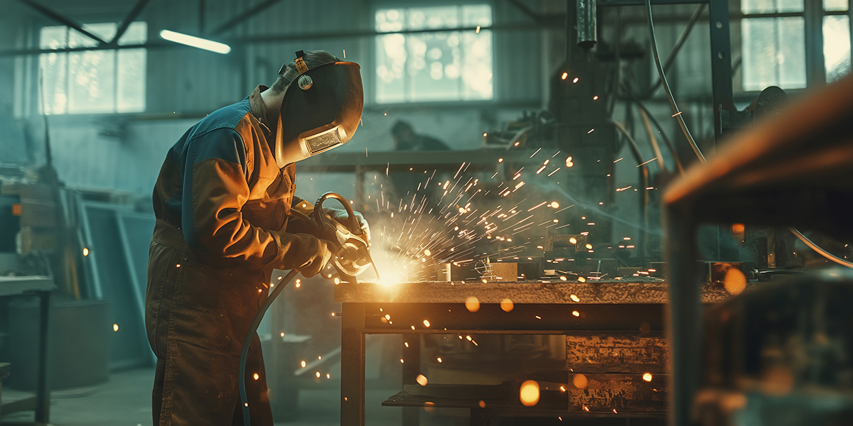 Proffessional welder at work performing welding and grinding at